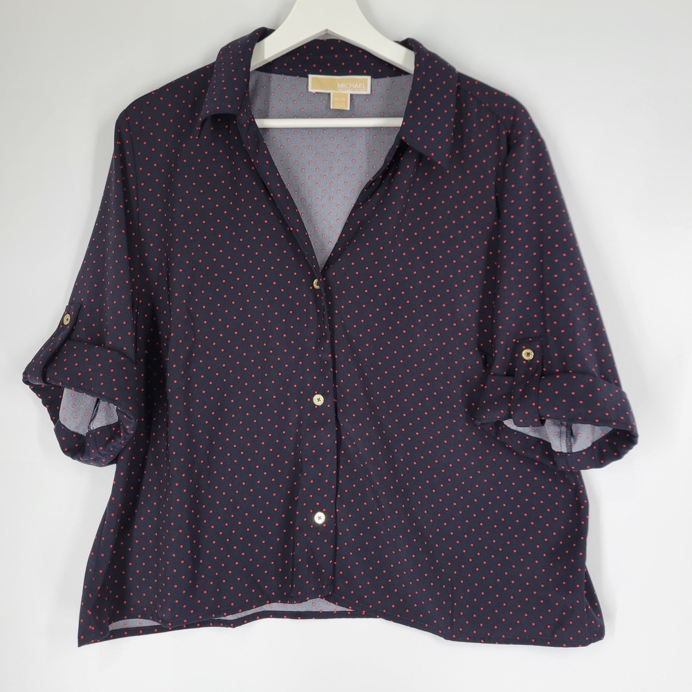 MICHAEL KORS Navy Red Polka Dot Button Front Roll Tab Sleeve Blouse XL